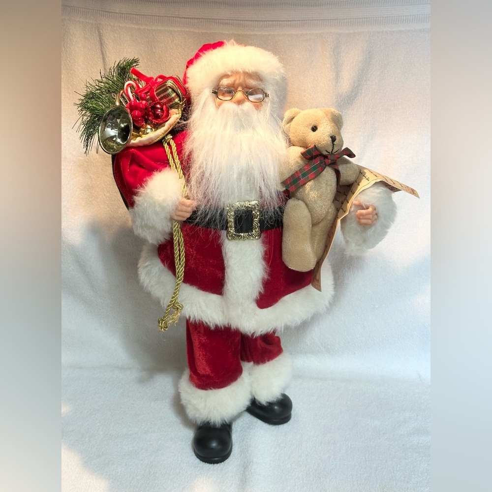 Vintage standing Santa with teddy bear and toy bag 18” tall